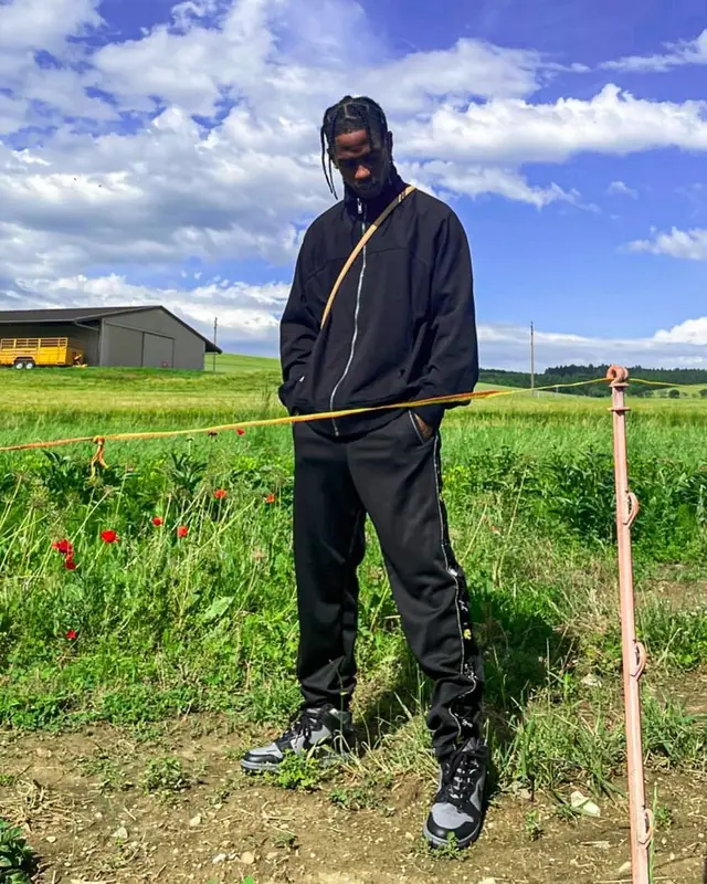 Travis Scott outfit in Rick Owens, Kapital, and Louis Vuitton, 2021