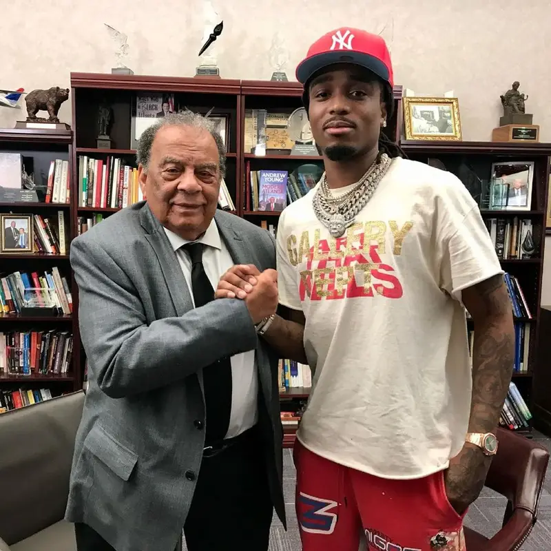 Quavo outfit in Gallery Dept., Migos Merch, and New Era, 2021