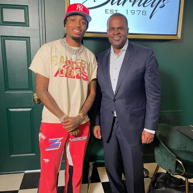 Quavo outfit in Gallery Dept., Migos Merch, and New Era, 2021