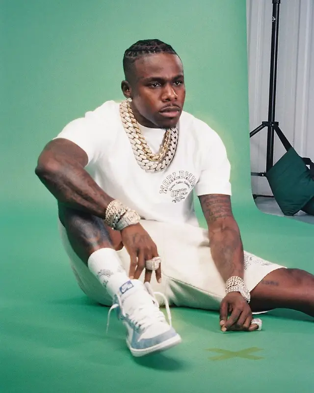DaBaby outfit in BooHooMan, Nike, and Dababy Merch, 2021