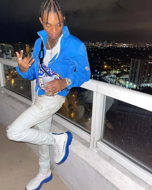Swae Lee outfit in Moncler, Louis Vuitton, and Dolce & Gabbana, 2021
