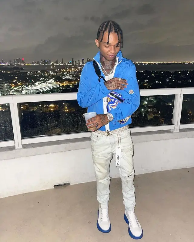 Swae Lee outfit in Moncler, Louis Vuitton, and Dolce & Gabbana, 2021