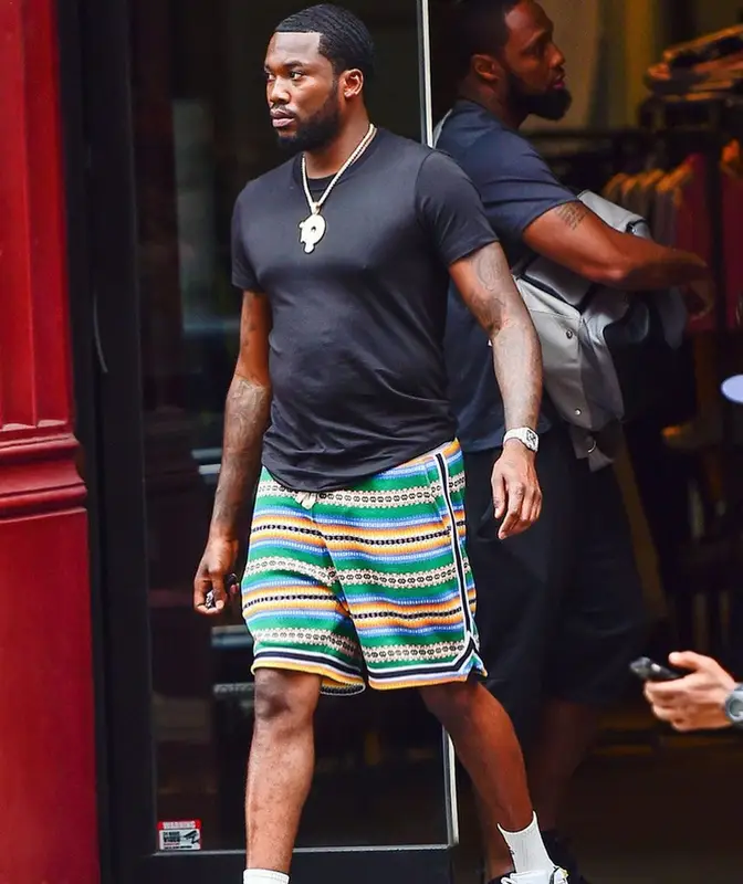 Meek Mill outfit in John Elliott, Nike, and Bape, 2021