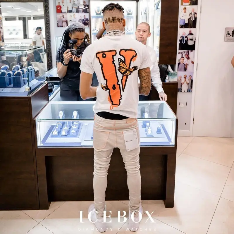 NLE Choppa outfit in Juice Wrld Merch, Purple Brand, and Vlone, 2021