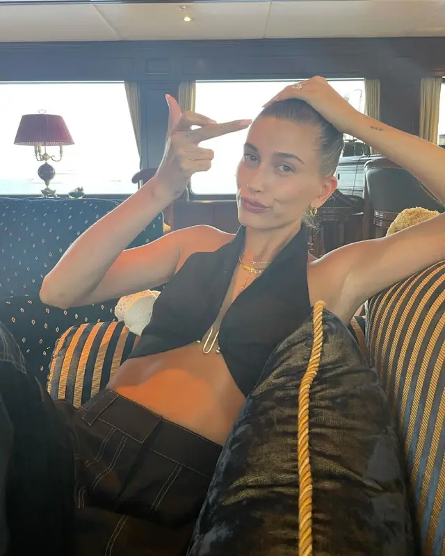 Hailey Bieber outfit in Cult Gaia and Shay Jewelry, 2021