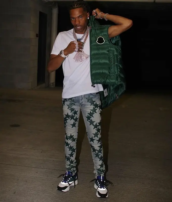 Lil Baby outfit in Moncler, Amiri, and Chemist, 2021