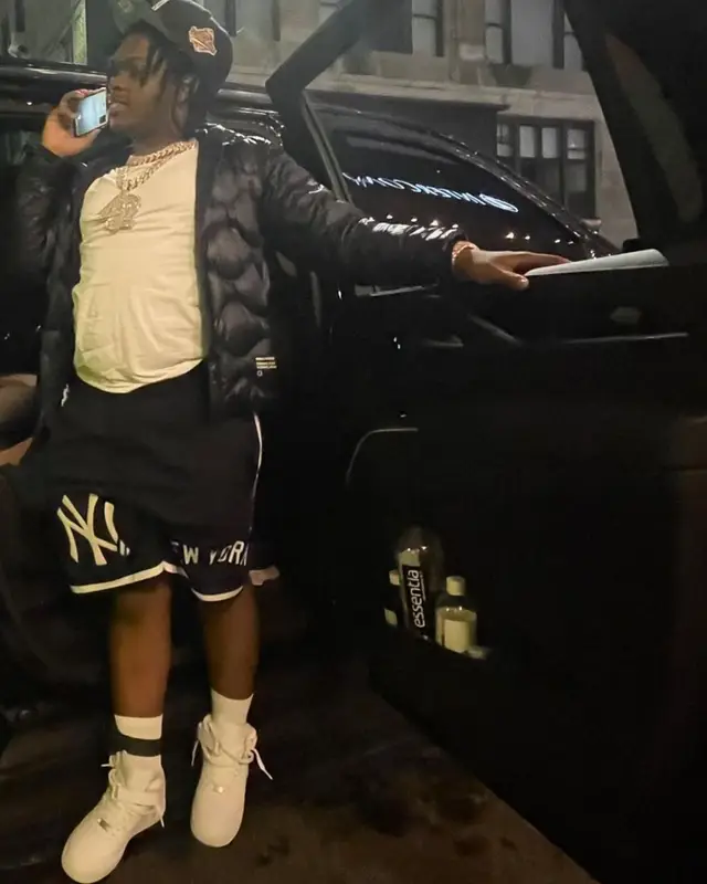 42 Dugg outfit in Moncler, Pro Standard, and New Era, 2021