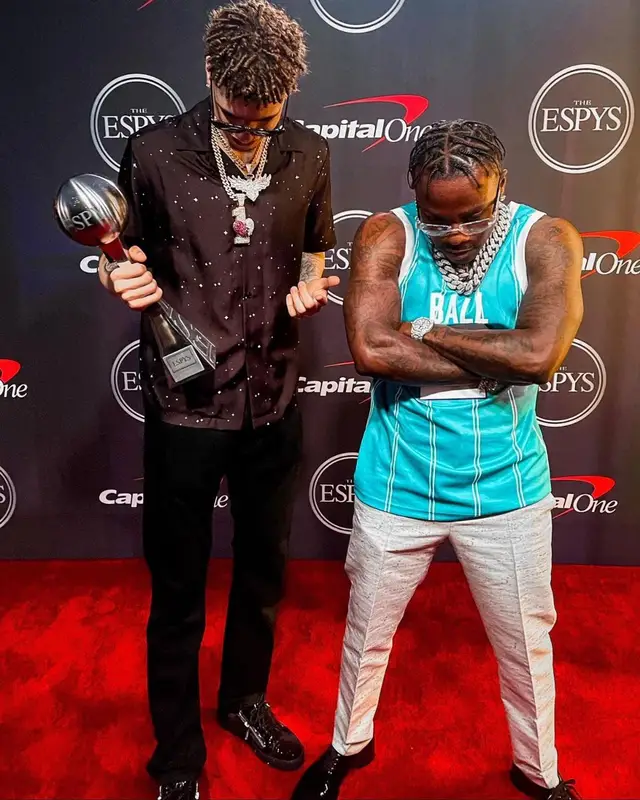 LaMelo Ball outfit in Amiri, Off-White, and Saint Laurent, 2021