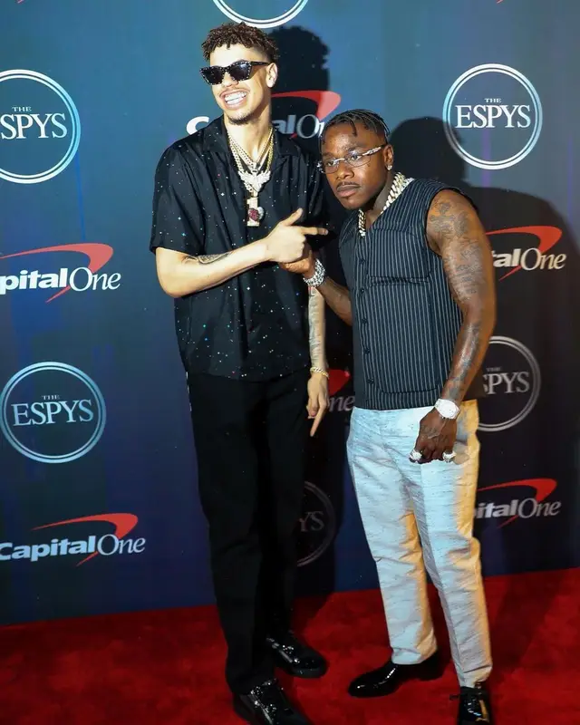 LaMelo Ball outfit in Amiri, Off-White, and Saint Laurent, 2021