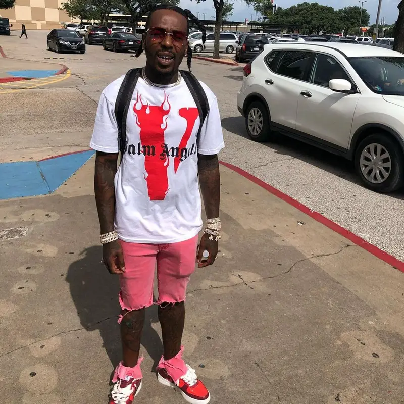 Sauce Walka outfit in Vlone, Bape, and Palm Angels, 2021