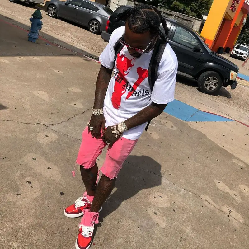 Sauce Walka outfit in Vlone, Bape, and Palm Angels, 2021