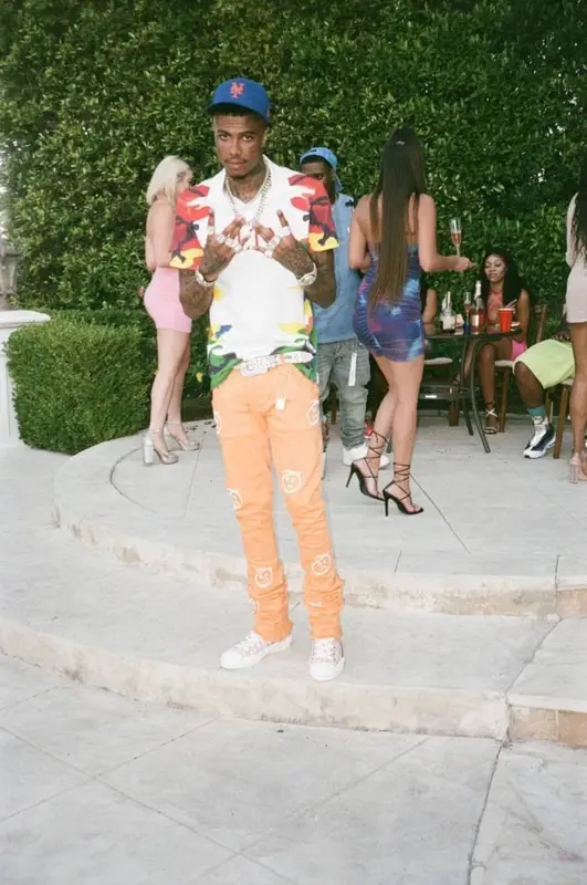 Blueface outfit in Valentino, B.B. Simon, and New Era, 2021
