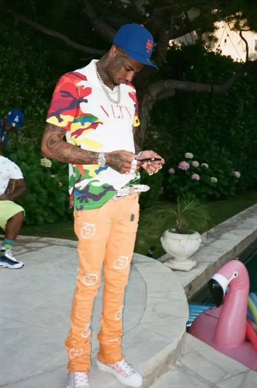 Blueface outfit in Valentino, B.B. Simon, and New Era, 2021
