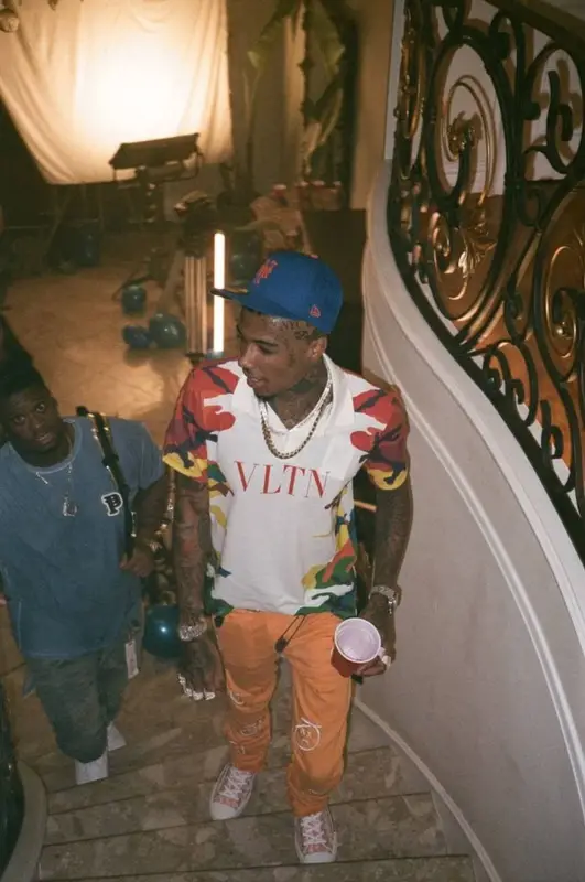 Blueface outfit in Valentino, B.B. Simon, and New Era, 2021