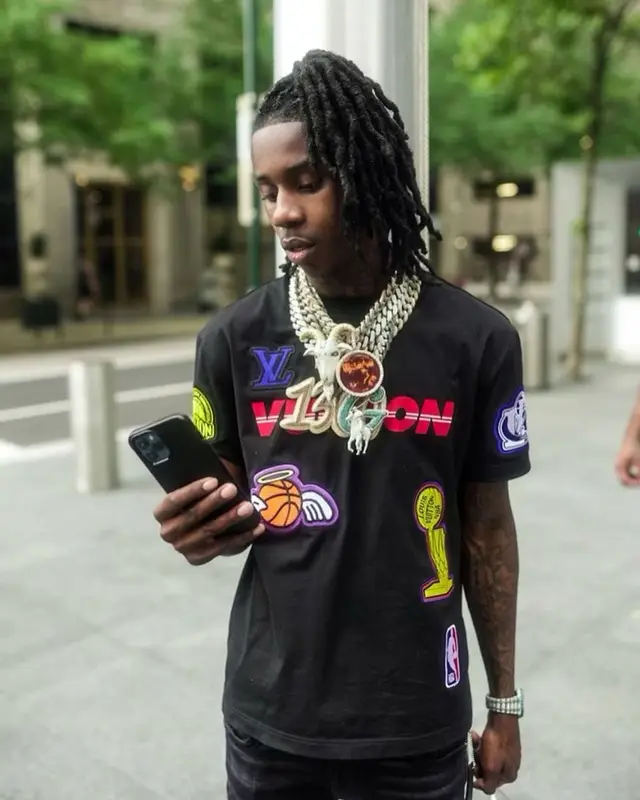 Polo G outfit in Louis Vuitton, Amiri, and NBA, 2021