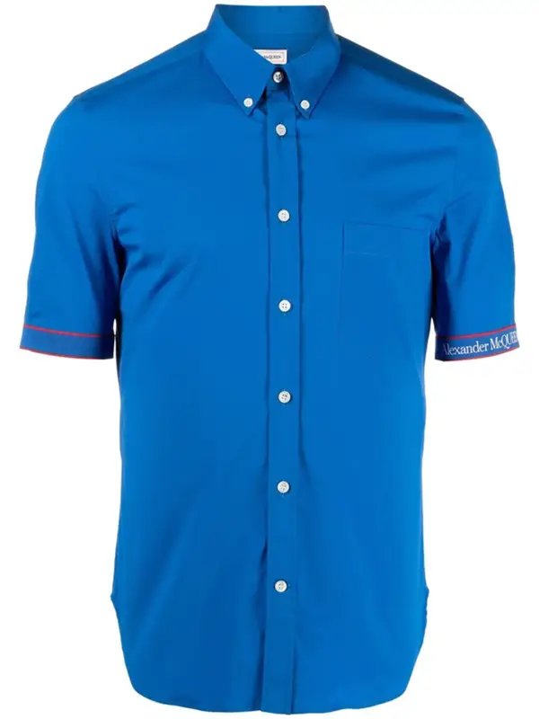 Alexander McQueen Logo Tape Brad Pitt Short Sleeve Blue Shirt $490