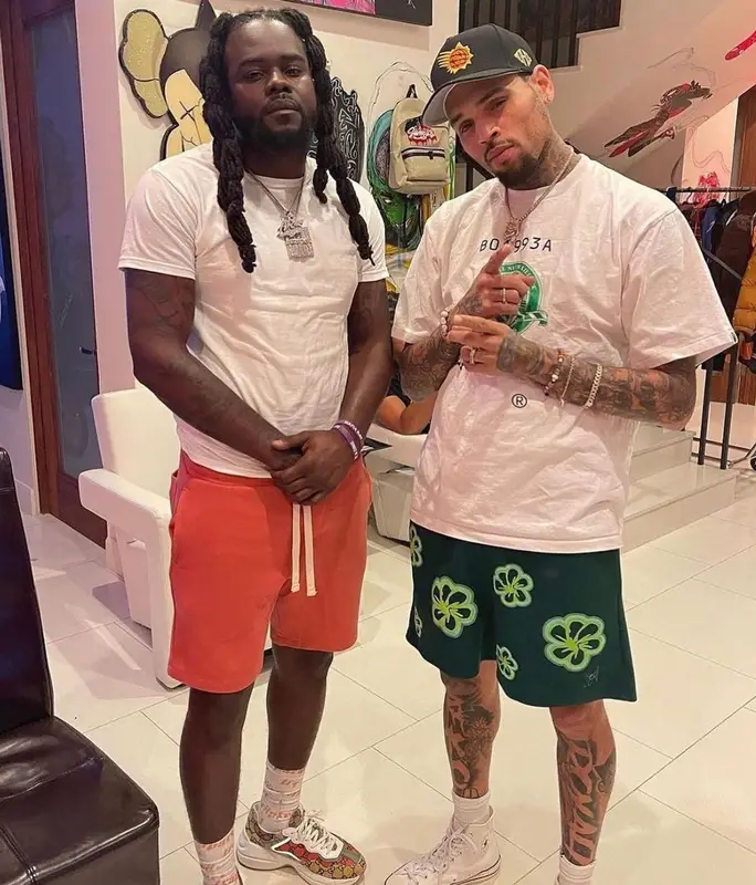 Chris Brown outfit in Bape, Jjgrant, and Mitchell & Ness, 2021