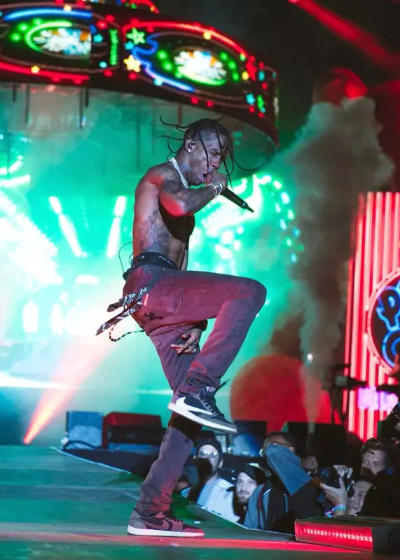 Travis Scott outfit in Chrome Hearts, Rick Owens, and Travis Scott Merch, 2019