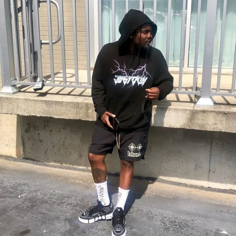 Wale outfit in Just Don, Rhude, and Off-White, 2021