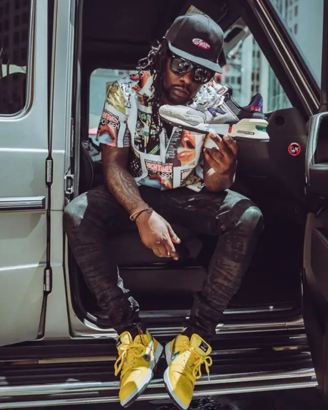 Wale outfit in Wacko Maria, Off-White, and High Times, 2020