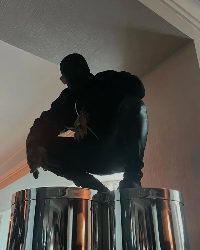 Kanye West outfit in Bottega Veneta, Saint Laurent, and Rick Owens, 2021