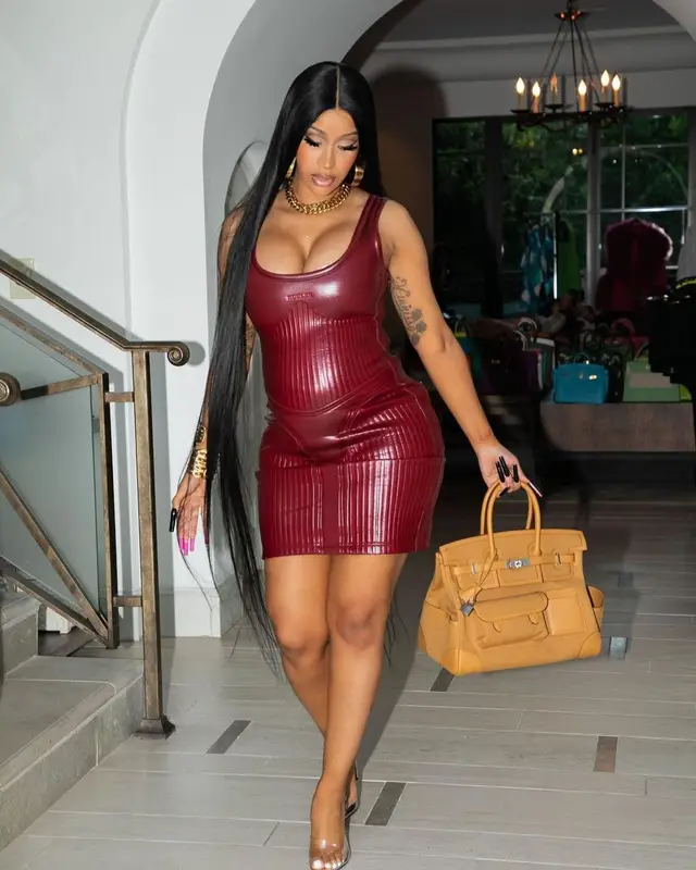 Cardi B outfit in Hermes, Mugler, and Jessica Rich, 2021