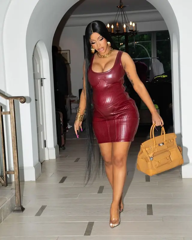Cardi B outfit in Hermes, Mugler, and Jessica Rich, 2021