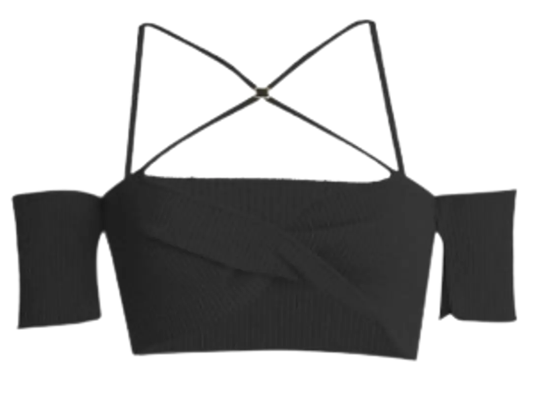 Jacquemus Soleil Cropped Off The Shoulder Ribbed Cotton Blend Black Top $295