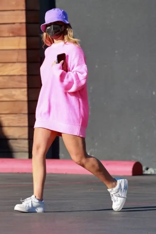 Addison Rae outfit in Nike, The Purple Store, and Evolve Together, 2021