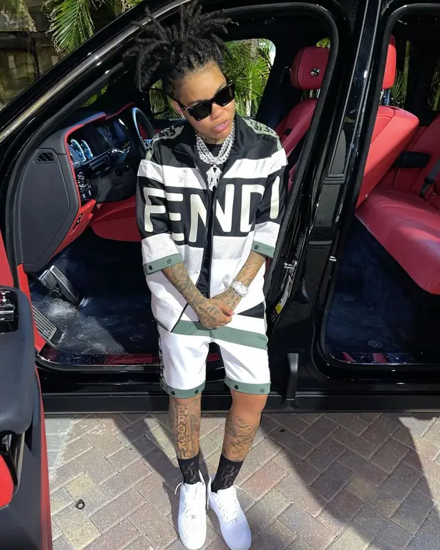 Young M.A outfit in Fendi, Nike, and Louis Vuitton, 2021