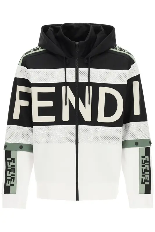 Fendi Logo-Detailed Panelled Jersey and Mesh Hoodie $1612