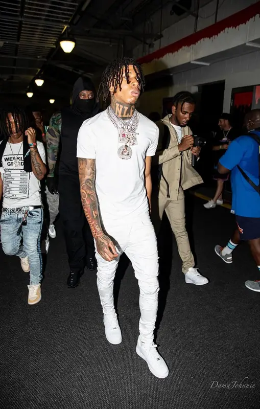 NLE Choppa outfit in Hanes, Amiri, and Chemist, 2021