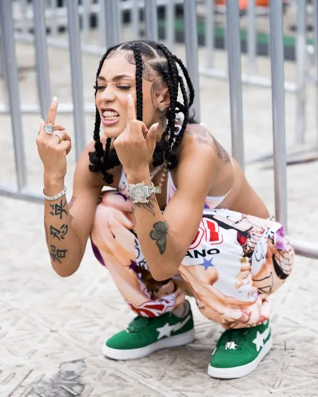 Coi Leray outfit in Bape and GCDS, 2021