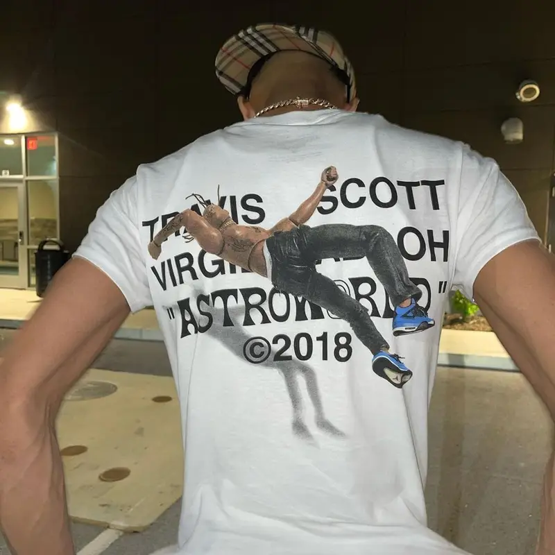 Stunna 4 Vegas outfit in Travis Scott Merch, Burberry, and Virgil Abloh, 2021