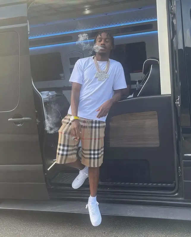Lil Tjay outfit in Hanes, Burberry, and Nike, 2021