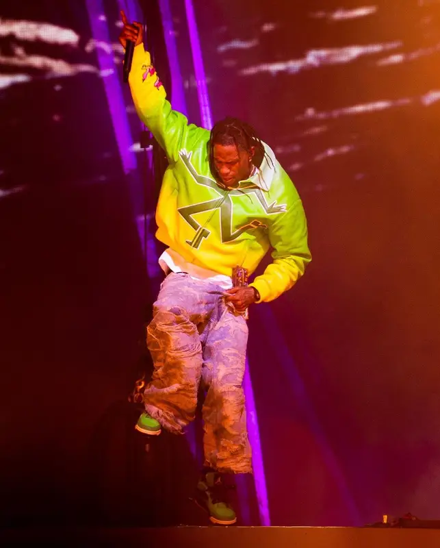 Travis Scott outfit in Louis Vuitton, Travis Scott Merch, and Takashi Murakami, 2021