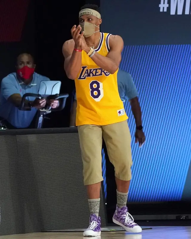 Russell Westbrook outfit in Champion, Honor The Gift, and Los Angeles Lakers, 2021