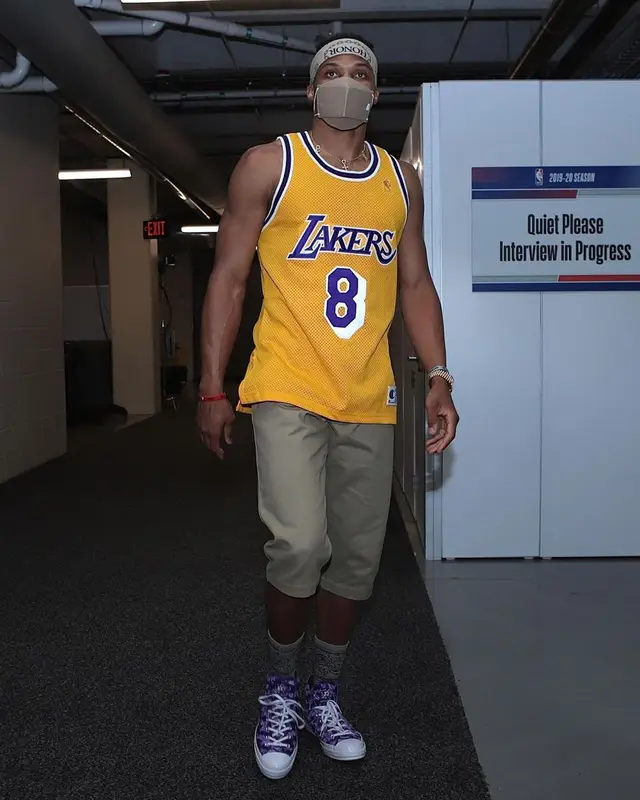 Russell Westbrook outfit in Champion, Honor The Gift, and Los Angeles Lakers, 2021