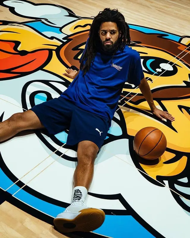 J. Cole outfit in Balenciaga, Puma, and Dreamville, 2021