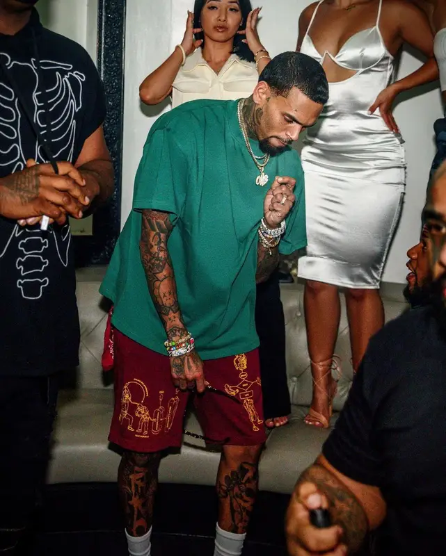 Chris Brown outfit in Brain Dead and Versace, 2021