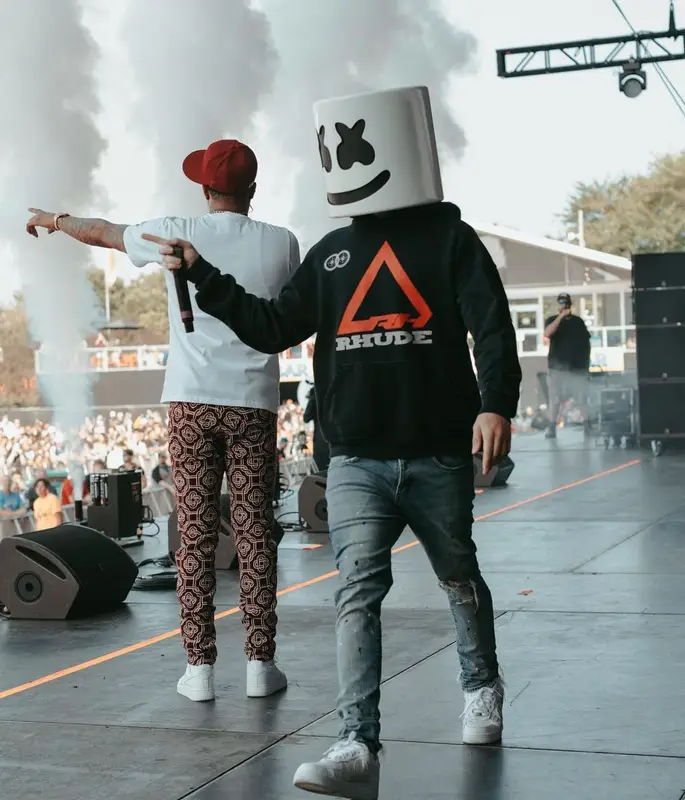 Marshmello outfit in Rhude, Purple Brand, and Marshmello Merch, 2021