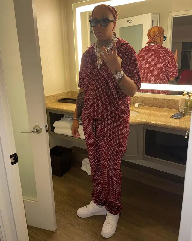 Lil Gotit outfit in Amiri, Nike, and Louis Vuitton, 2021
