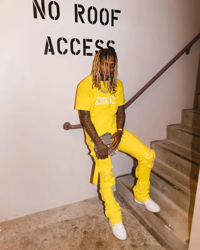 Lil Durk outfit in Dior, Nike, and Peter Doig, 2021