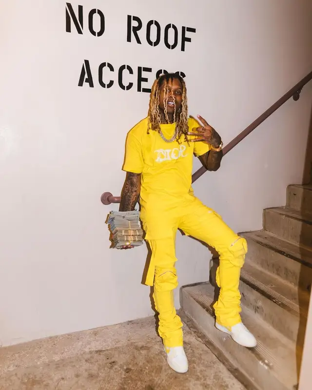 Lil Durk outfit in Dior, Nike, and Peter Doig, 2021