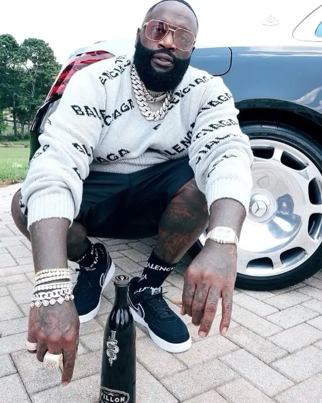 Rick Ross outfit in Balenciaga, Givenchy, and Louis Vuitton, 2021