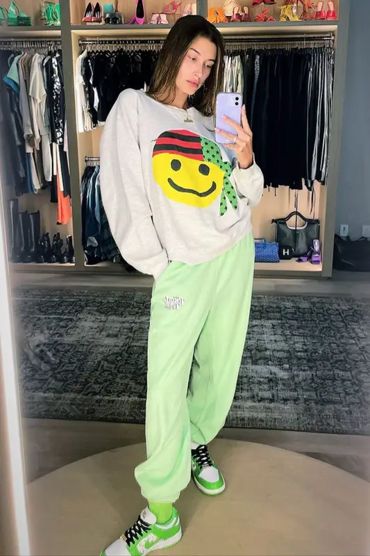 Hailey Bieber outfit in Cactus Plant Flea Market, The Local Love Club, and Denim Tears, 2021
