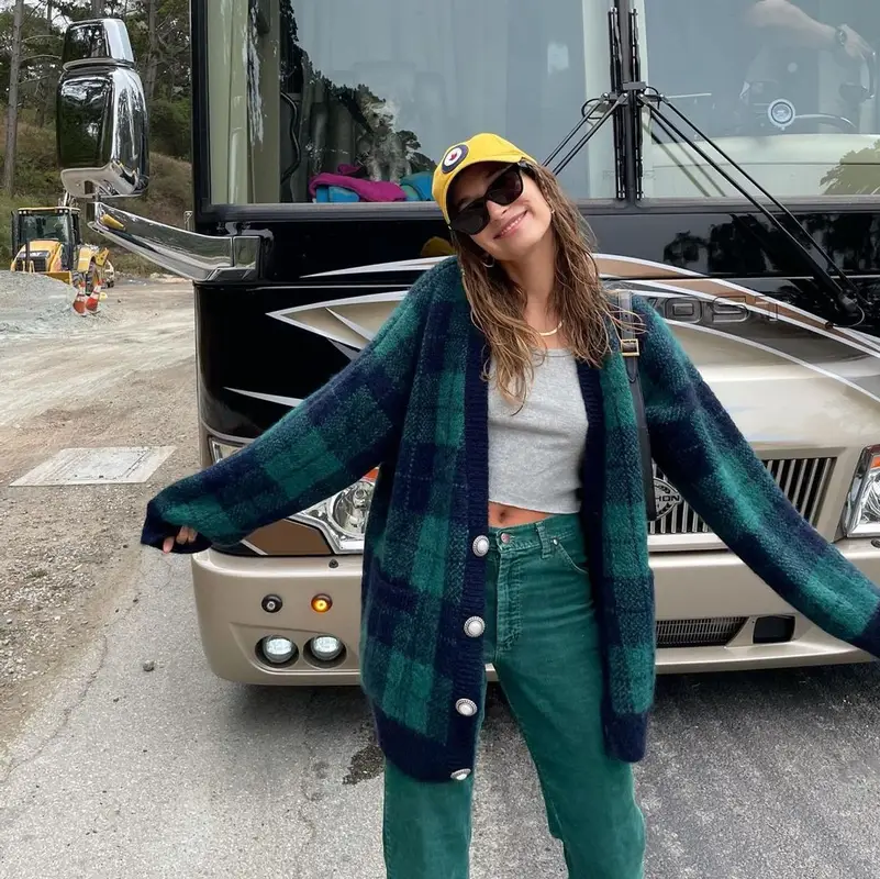 Hailey Bieber outfit in Alessandra Rich, Saint Laurent, and Red Canoe Brands, 2021