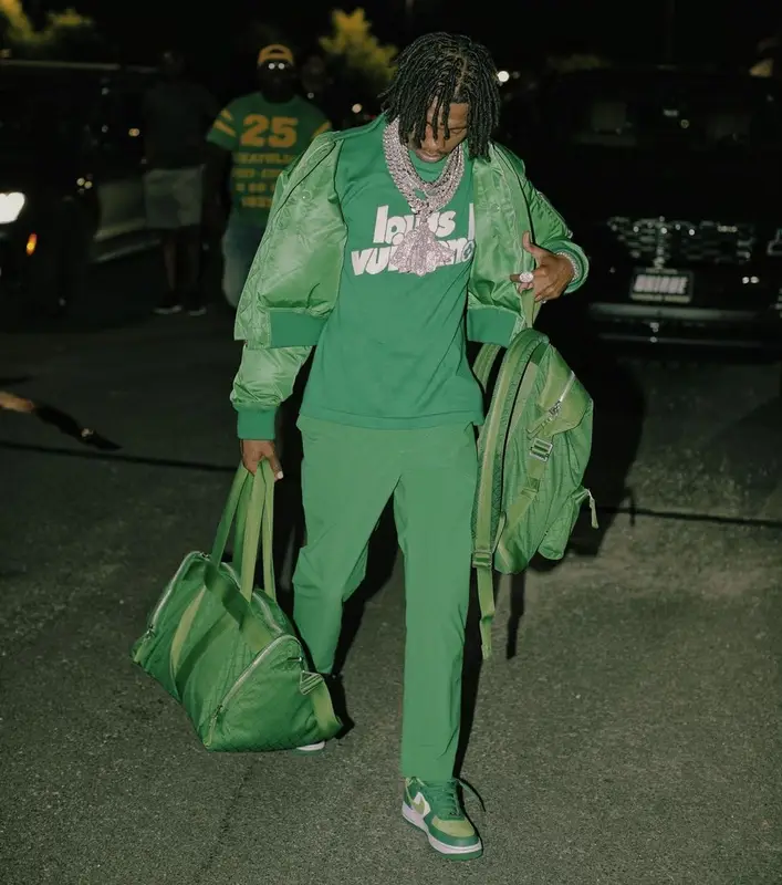 Lil Baby outfit in Bottega Veneta, Louis Vuitton, and Nike, 2021