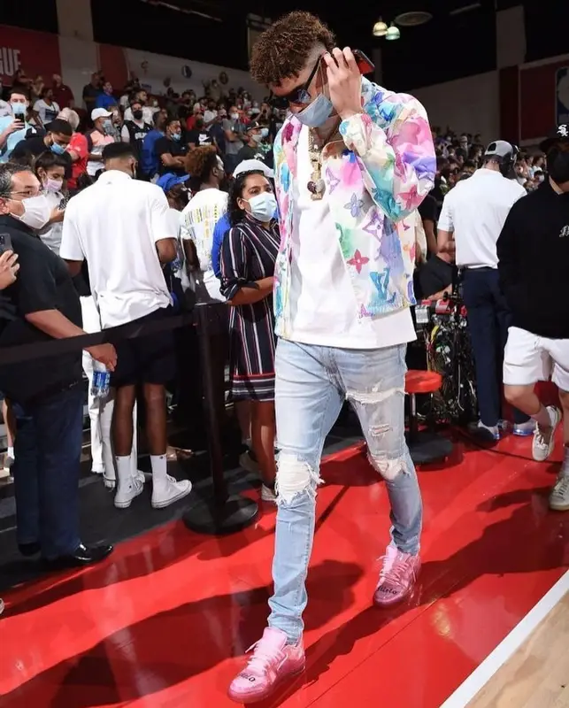 LaMelo Ball outfit in Louis Vuitton and Amiri, 2021
