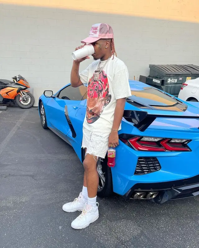 Lil Keed outfit in Purple Brand, Jordan, and Spider Worldwide, 2021